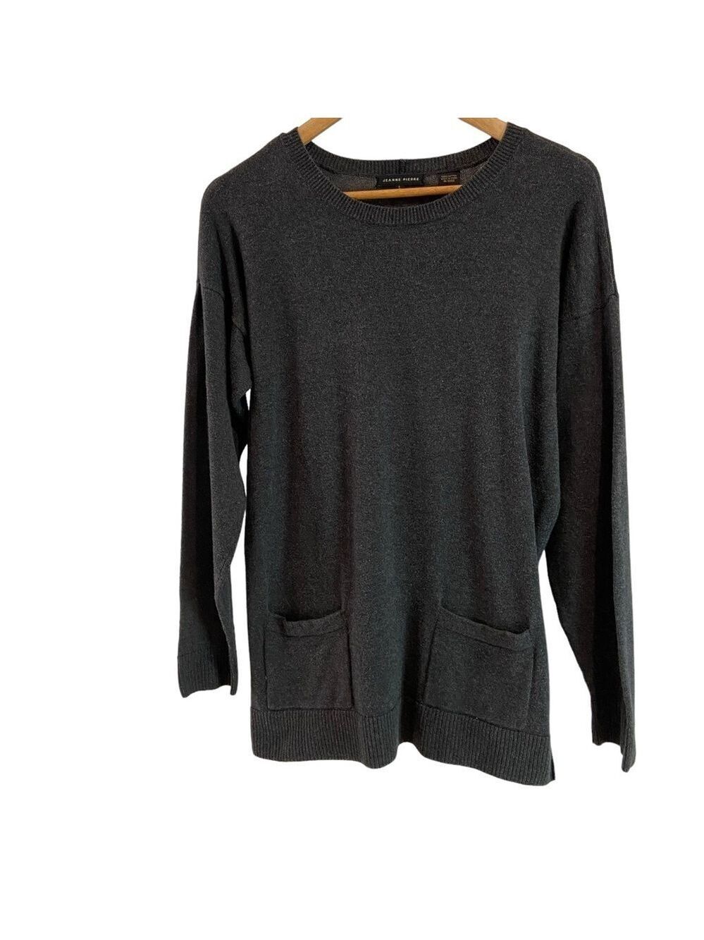 Jeanne Pierre knit sweater tunic long sleeve pocket scoop neck grey cotton Large